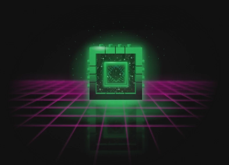 A glowing microchip on a neon grid