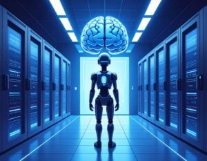 An AI illustrated robot in a data center