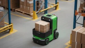 A warehouse robot vehicle moving boxes around.