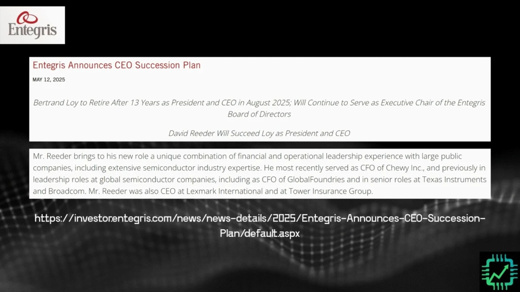 The announcement of Entegris CEO succession plan in May 2025.