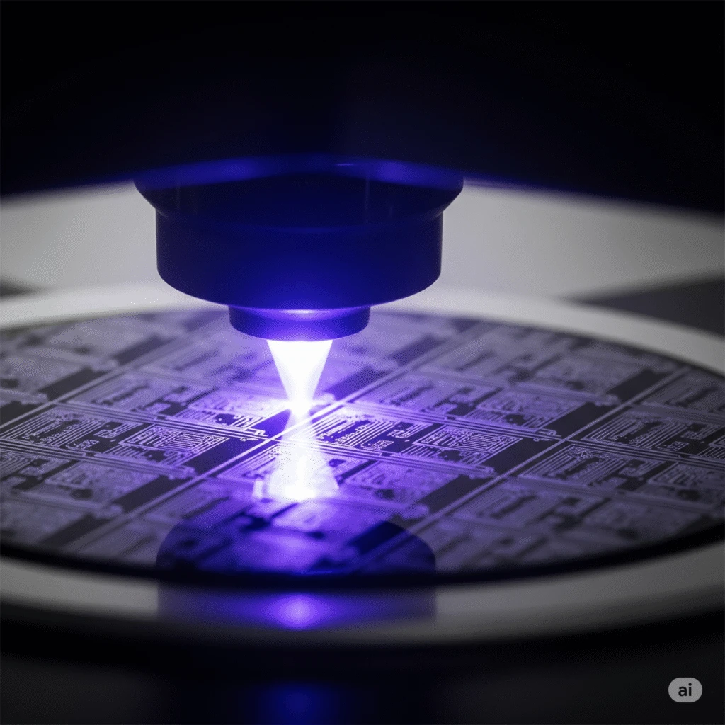 A silicon wafer being scanned by ultraviolet light.