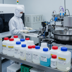 A fab worker in a white lab suit with semiconductor chemicals in plastic containers in front.