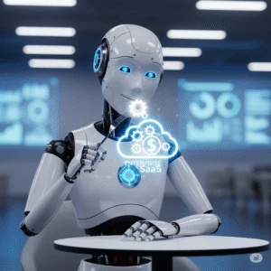 An AI robot with a fork eating a SaaS enterprise software icon.