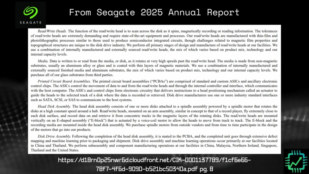 A snapshot from Seagate's 2025 annual report regarding the process for creating hard-disk drives. 