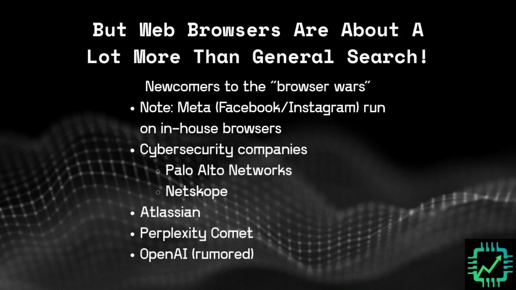 A list of web browser companies besides Google: Meta, Palo Alto Networks, Netskope, Atlassian, and private AI companies Perplexity (Comet) and OpenAI (rumored to be working on a web browser).