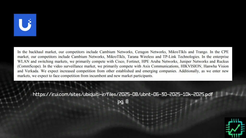 An excerpt from Ubiquiti's latest annual report outlining some competitors, including Cicso, Fortinet, and HPE.