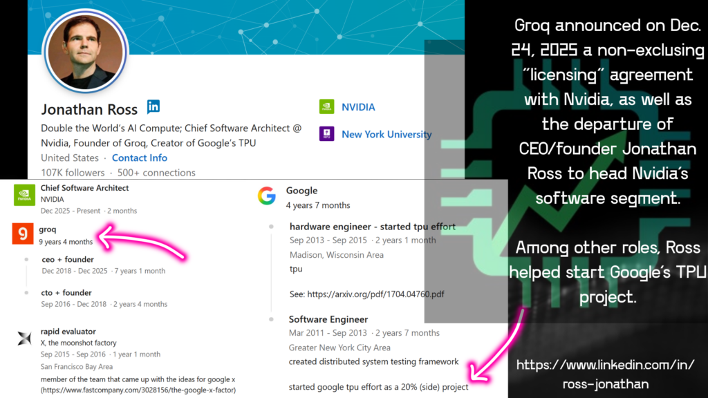An image of Groq founder and former CEO Jonathan Ross's LinkedIn page, showing past experience starting Google's TPU program, and now listed as Nvidia's Chief Software Architect.