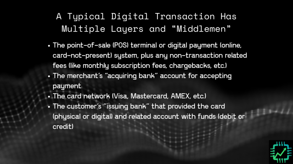 Chip Stock Investor's list of digital transaction middlemen:
1. The point-of-sale (POS) terminal or digital payment (online, card-not-present) system, plus any non-transaction related fees (like monthly subscription fees, chargebacks, etc.)
2. The merchant’s “acquiring bank” account for accepting payment
3. The card network (Visa, Mastercard, AMEX, etc.)
4. The customer’s “issuing bank” that provided the card (physical or digital) and related account with funds (debit or credit)