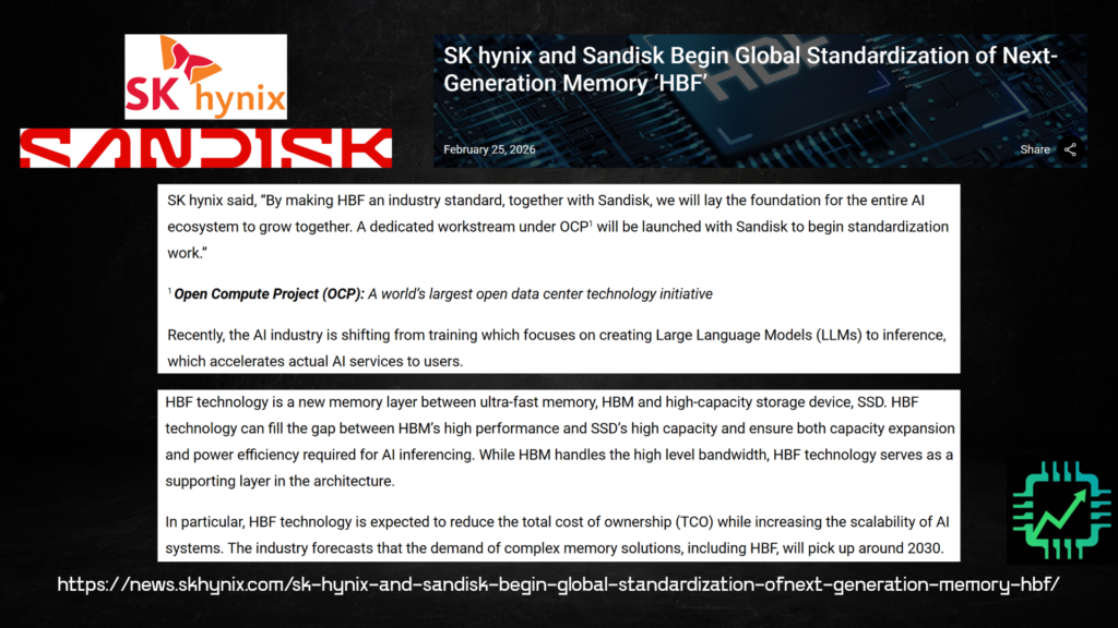 SK hynix and Sandisk announcement of standardization of HBF technology in February 2026.