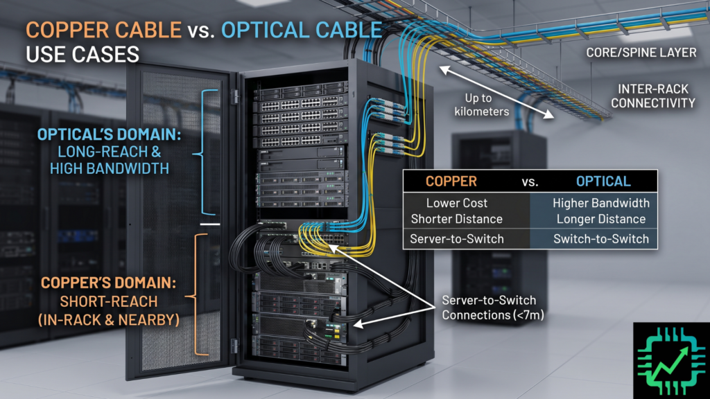 Chip Stock Investor image of a data center rack showing the trade offs between copper and optical networking cables.