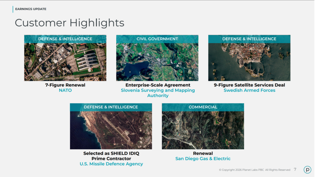 Planet Labs slide highlighting customers in Q4 2025.