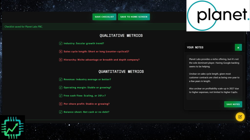 Chip Stock Investor investment checklist slide.