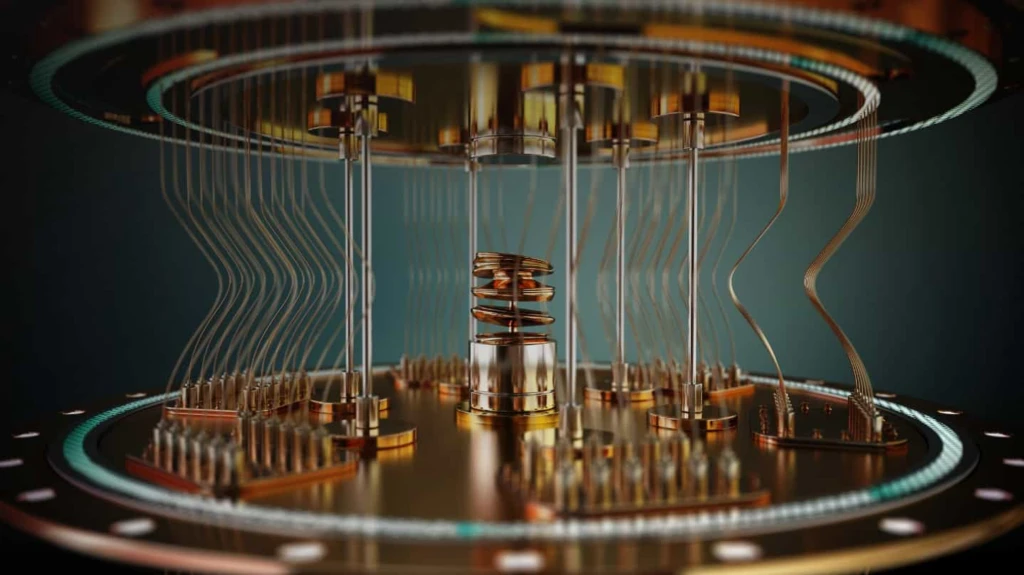GlobalFoundries close up shot of dilution refrigerator "chandelier" containing a quantum chip at the bottom.