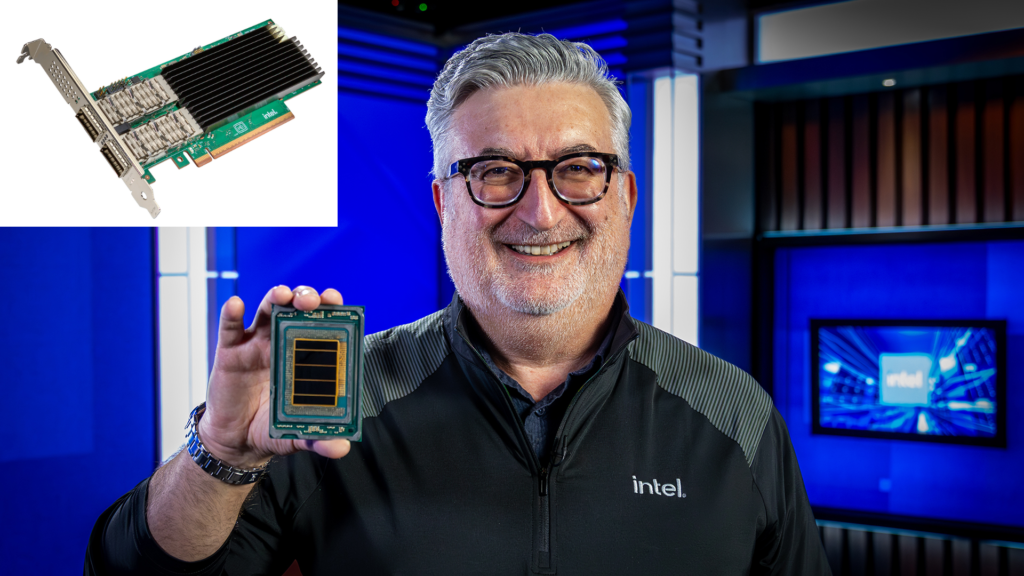 Intel VP Kevork Kechichian holding a Xeon 6+ CPU, and cutout image of E835 Ethernet network adapter card.